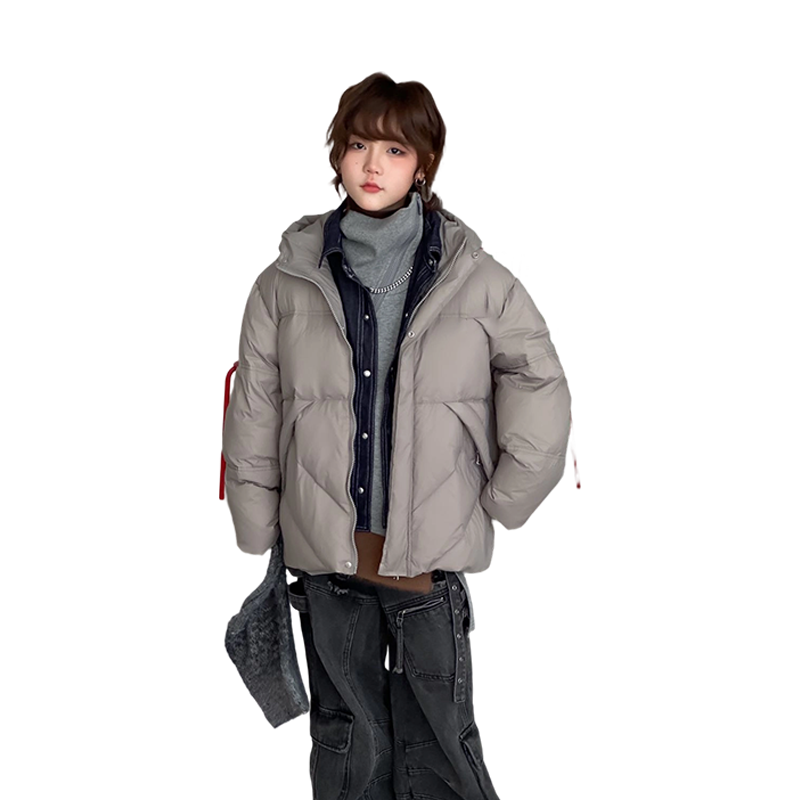 儿童假两件连帽羽绒服 浅灰宽松加厚保暖男女童冬装外套