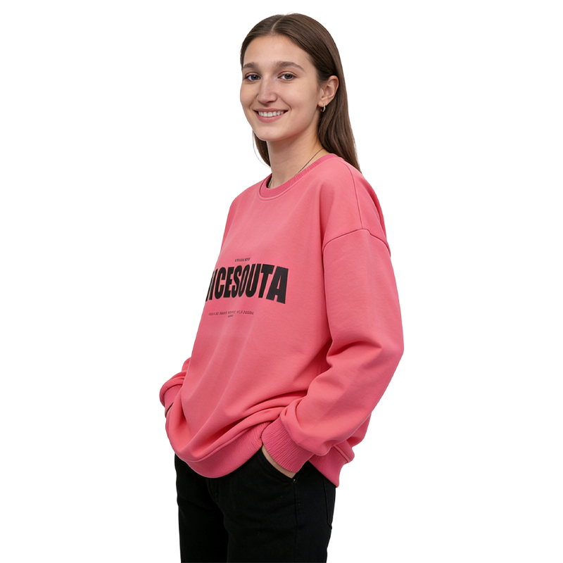 火龙果色字母印花圆领卫衣女 宽松慵懒风秋冬显瘦遮肉休闲上衣