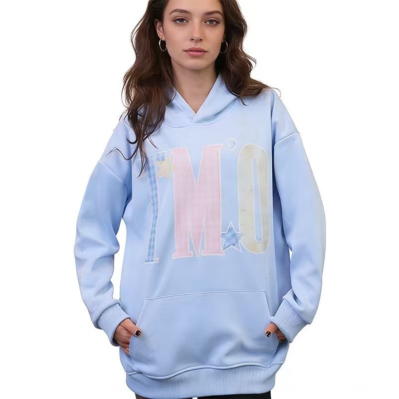 浅蓝童趣字母印花连帽卫衣女 宽松慵懒风秋冬减龄休闲上衣