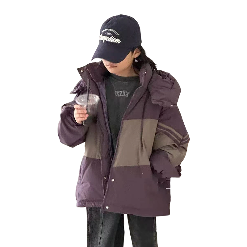 儿童拼色加厚羽绒服 男女童冬季连帽保暖宽松冲锋衣外套