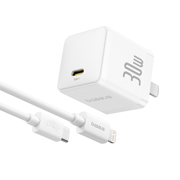 Baseus 30W fast charger, compatible with Apple iPhone 12/14/16, with USB and USB-C dual-port fast charging