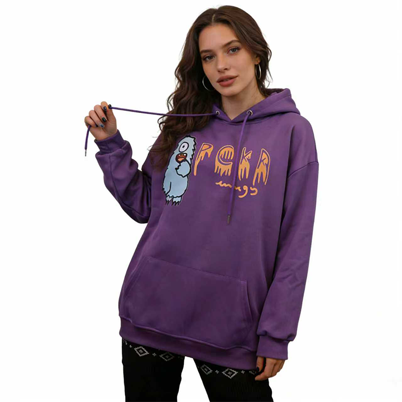 紫色卡通怪兽印花连帽卫衣女 宽松慵懒风秋冬百搭上衣