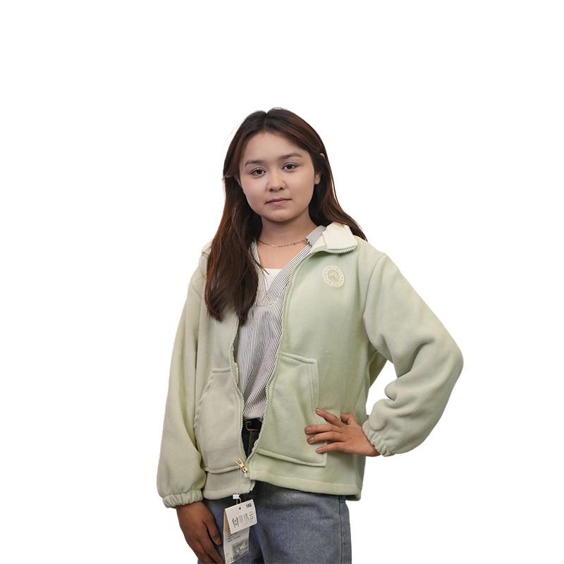 女士浅绿摇粒绒外套春秋立领拉链宽松保暖休闲开衫