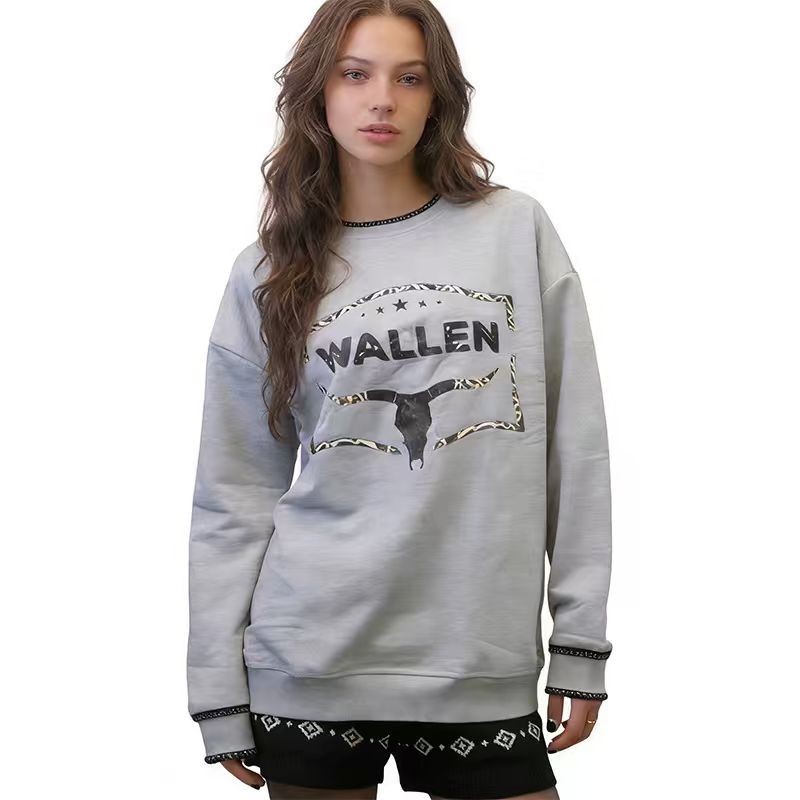 浅灰美式复古豹纹字母圆领卫衣女 宽松慵懒风秋冬显瘦休闲上衣