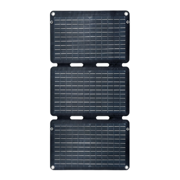 Foldable portable solar panel 32W with USB-A, USB-C and DC outputs for camping, hiking and emergency charging – black