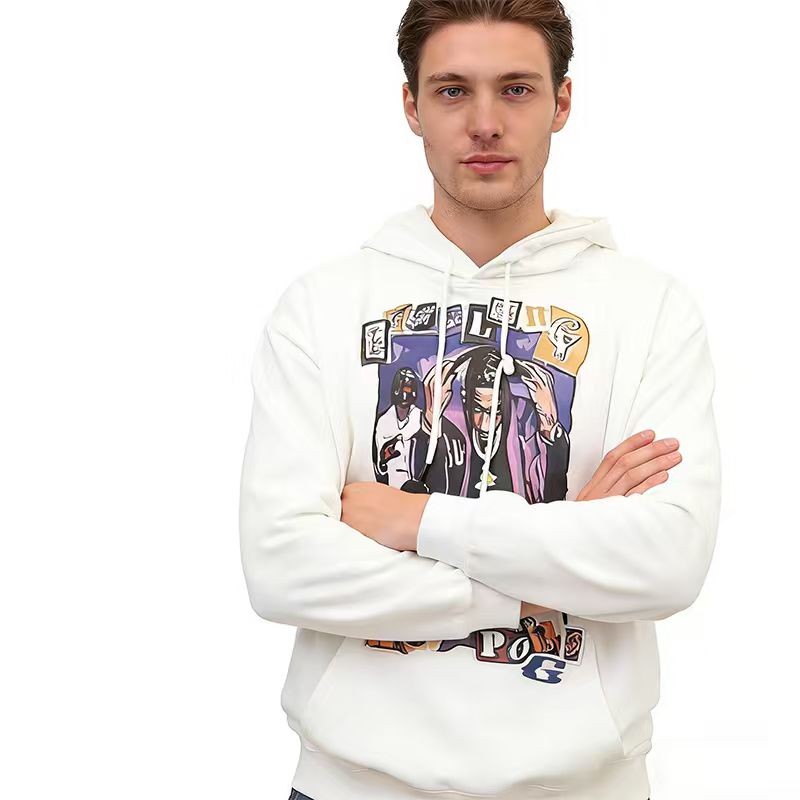 白色美式街头人物印花连帽卫衣男 宽松潮牌秋冬百搭休闲上衣